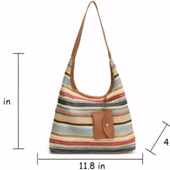 Colorful straw beach shoulder handbag with adjustable straps and small wallet - Picture 2 of 6